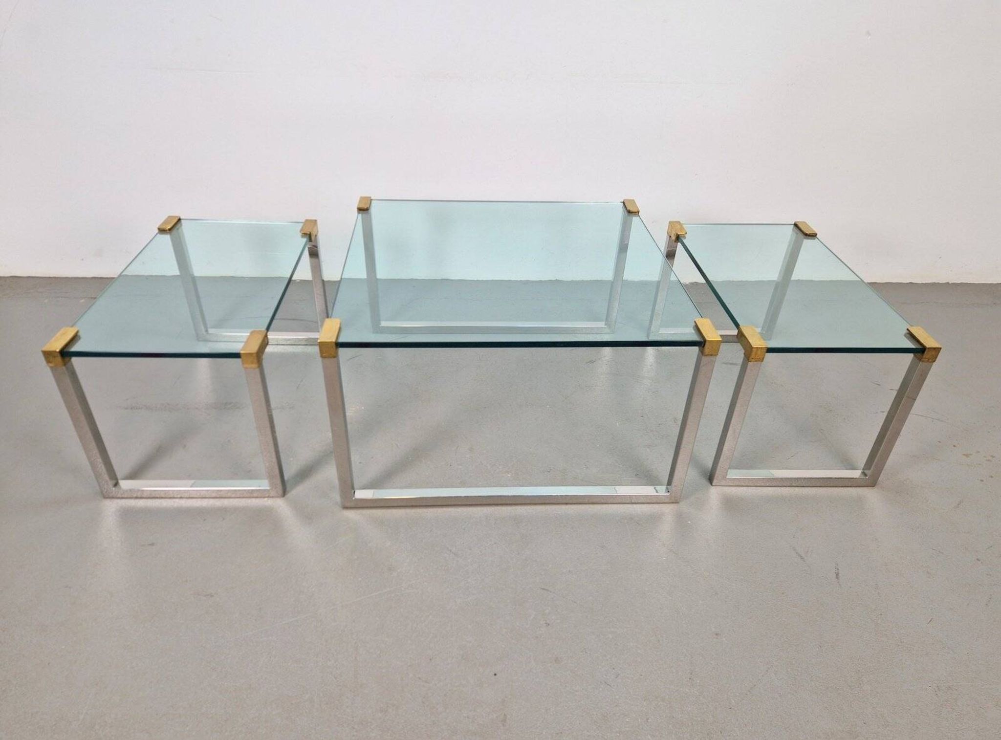 T53 Coffee and Side Tables in Brass and Glass by Peter Ghyczy, 1970s, Set of 3