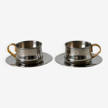 Duo de tasses à expresso en inox double parois Made in Italy, Design 1970