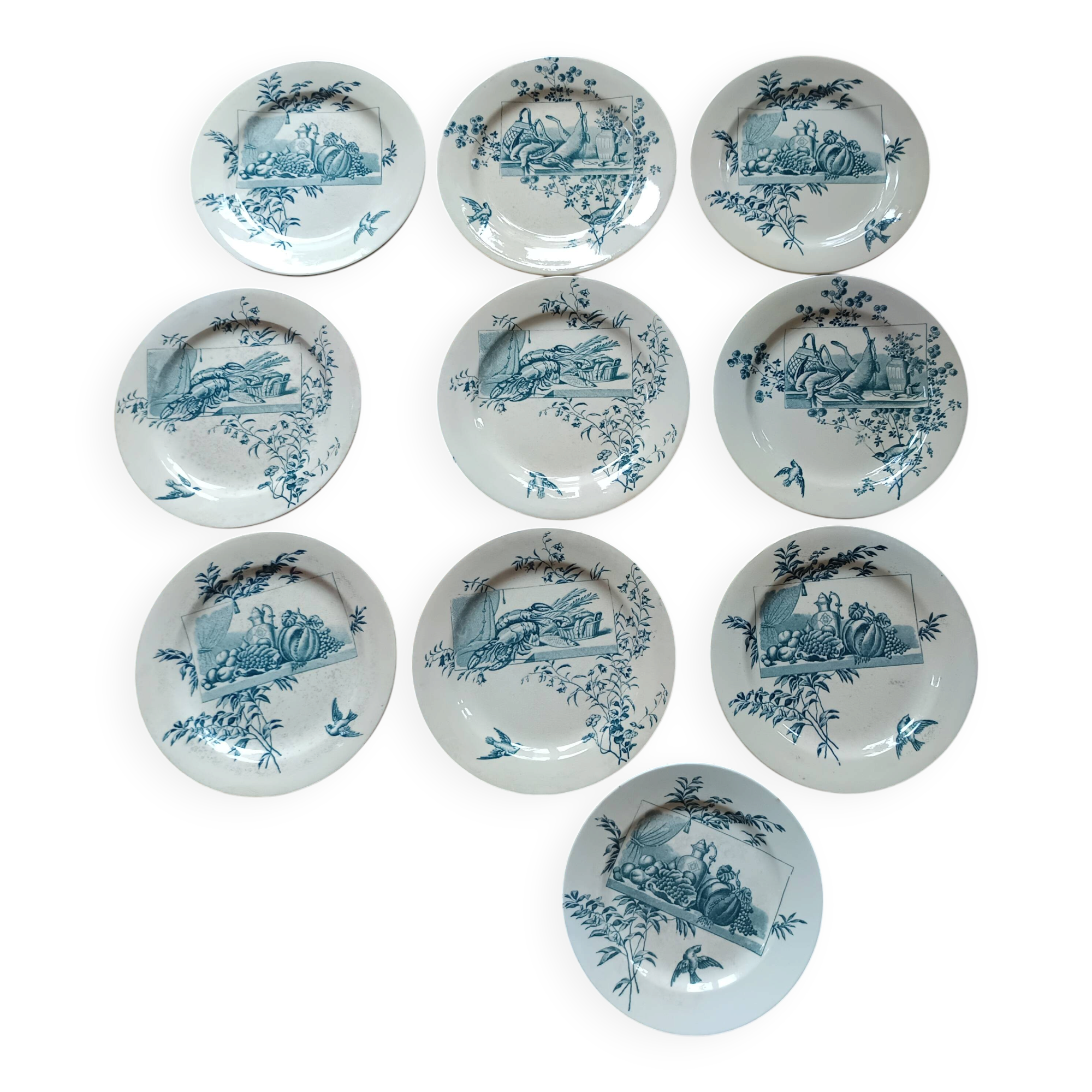 set of 10 antique earthenware plates with blue decoration from Bordeaux