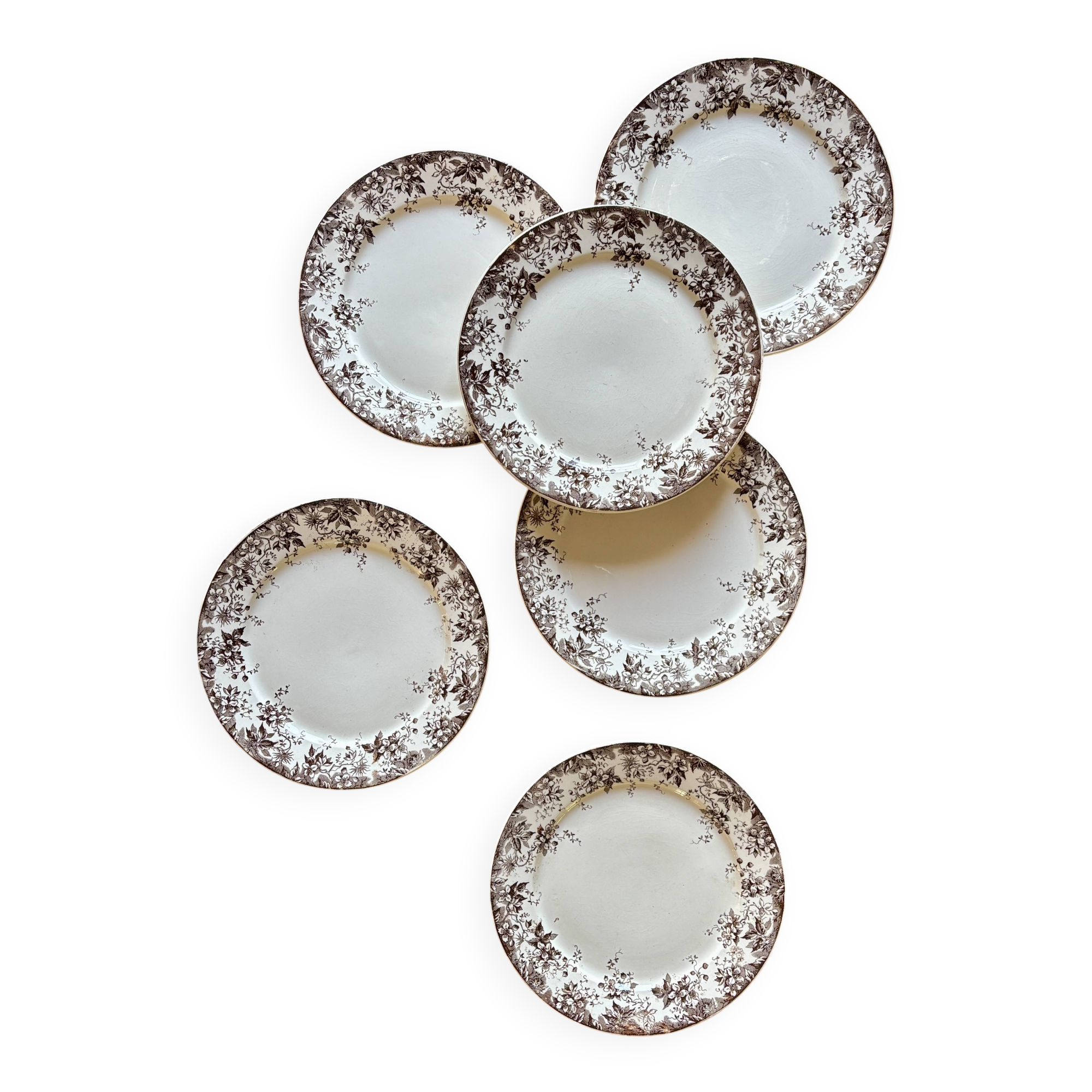 Lot de 6 assiettes à dessert anciennes en terre de fer modèle Alphand de Sa