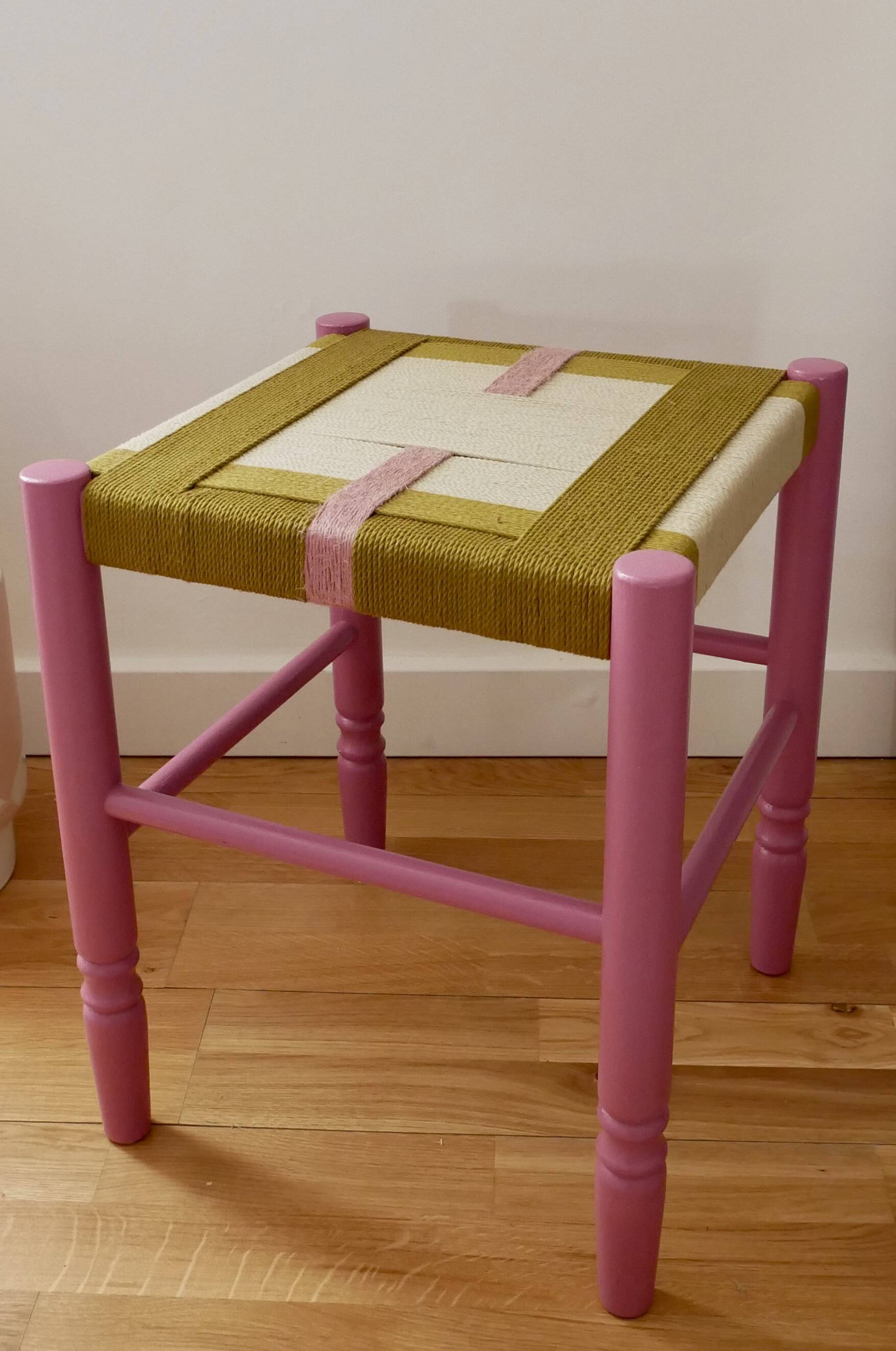 Wooden stool. Vintage stool. woven stool