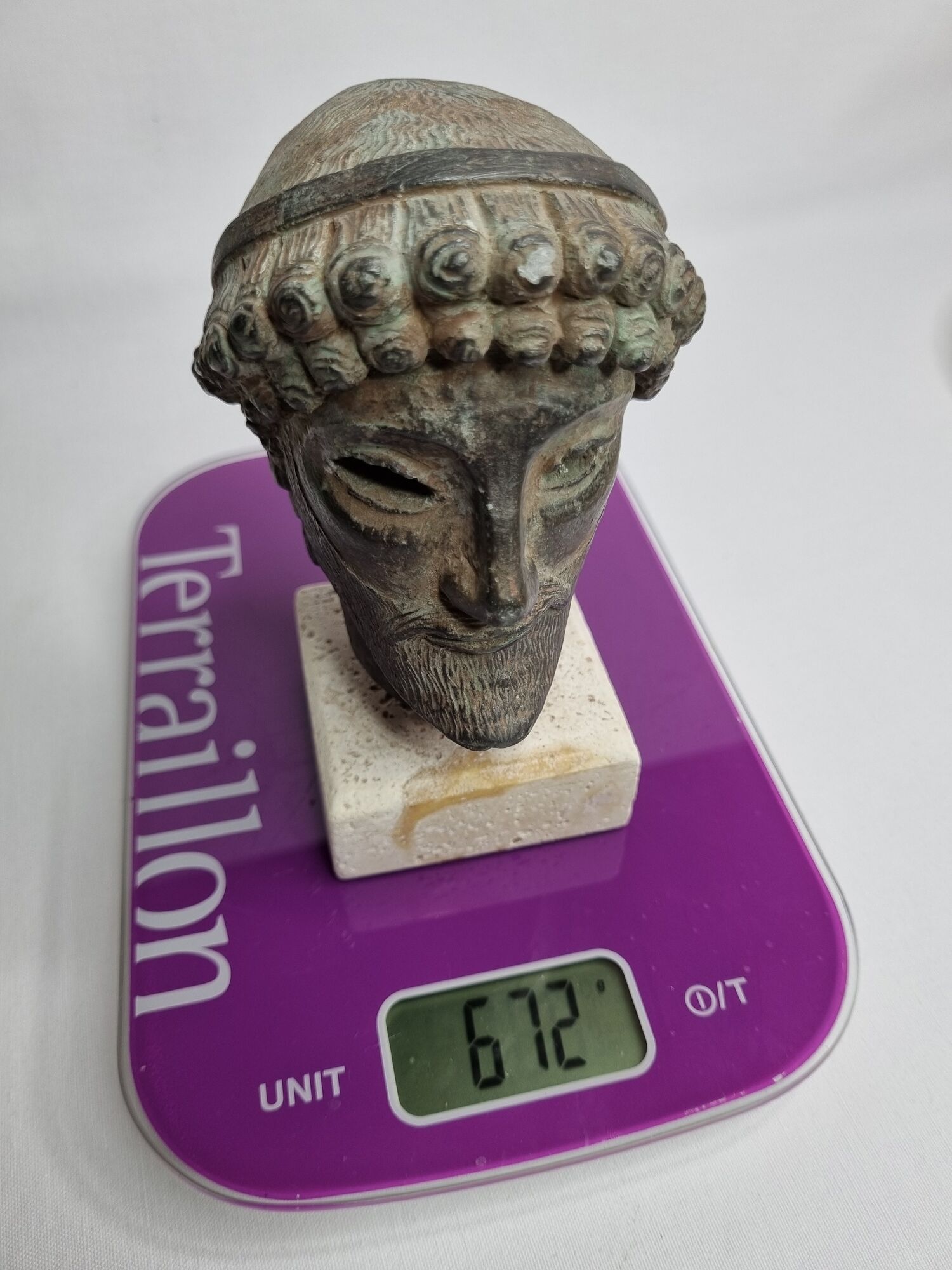 Head of Zeus in patinated plaster in imitation of bronze, 15 cm