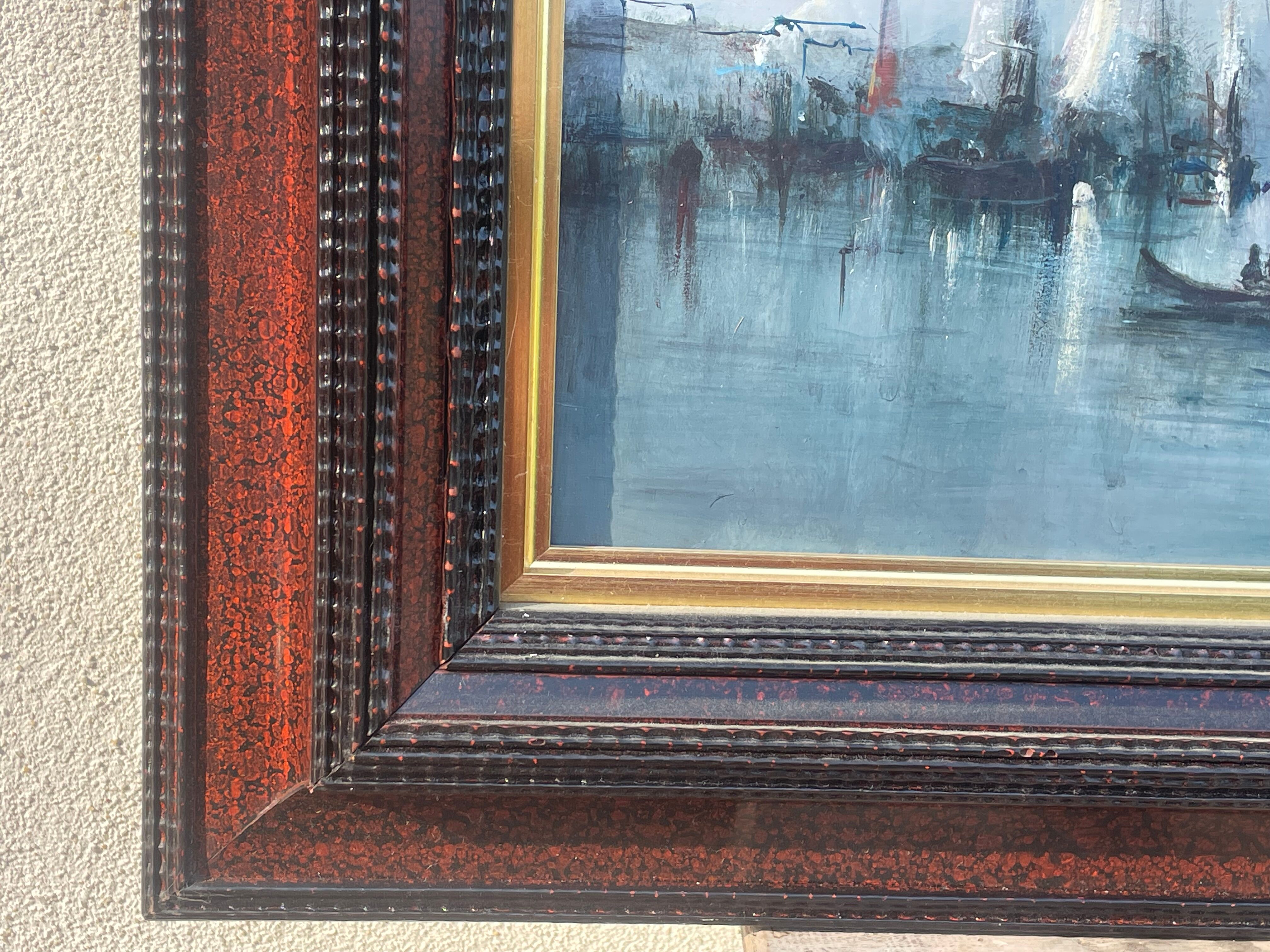 Oil on animated marine panel, moored boats signed Noquet