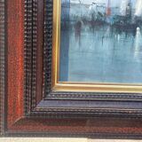 Oil on animated marine panel, moored boats signed Noquet