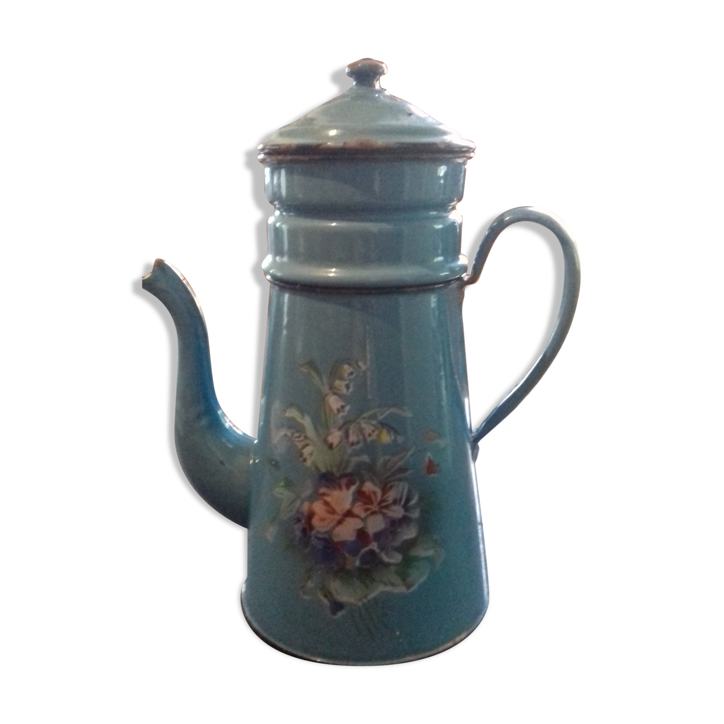 Blue enamelled coffee maker floral pattern