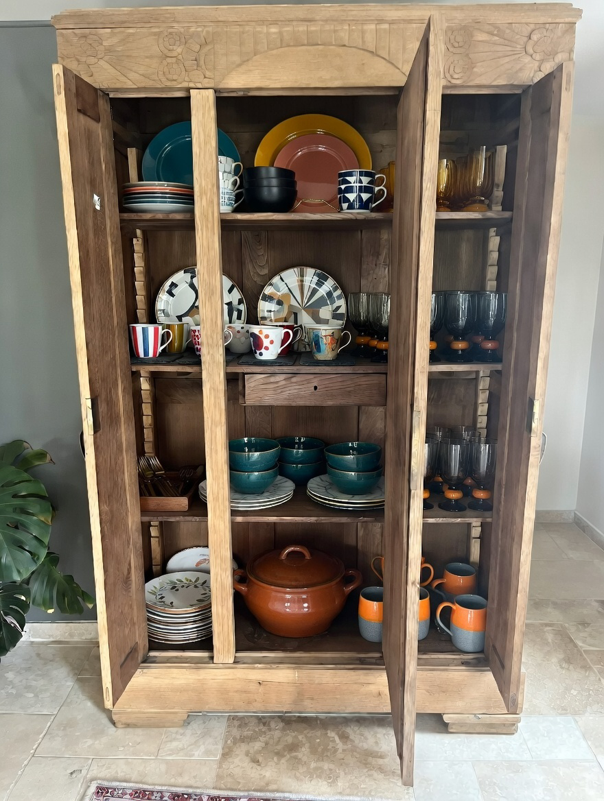 Solid raw oak wardrobe with Art Deco mirror