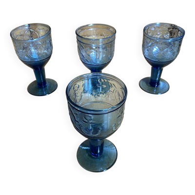 Série 4 Verres À Pied Verre Moulé Bleu Décor Marine Années 60 Vintage