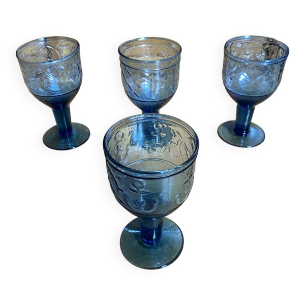 Série 4 Verres À Pied Verre Moulé Bleu Décor Marine Années 60 Vintage
