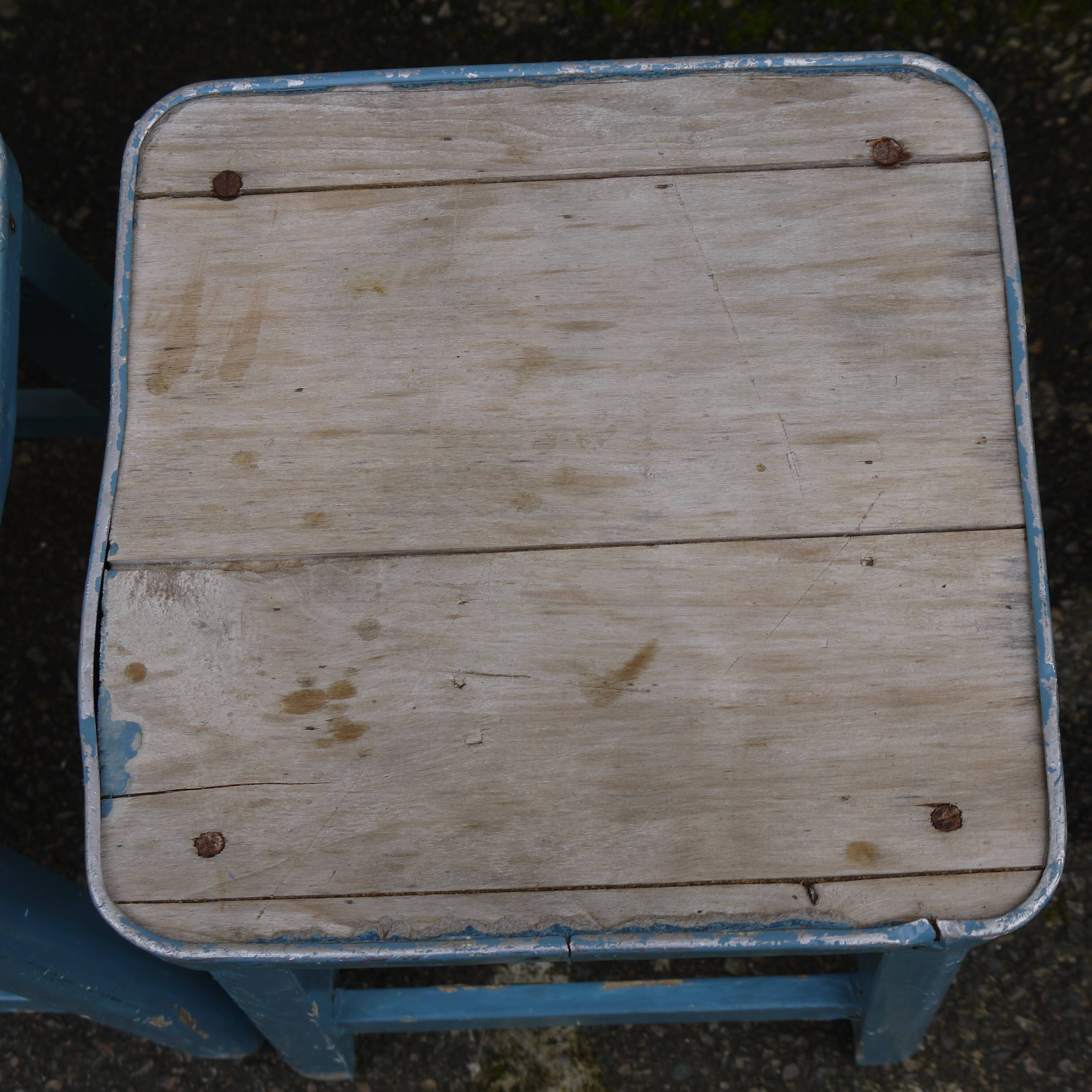 Three blue wooden stools