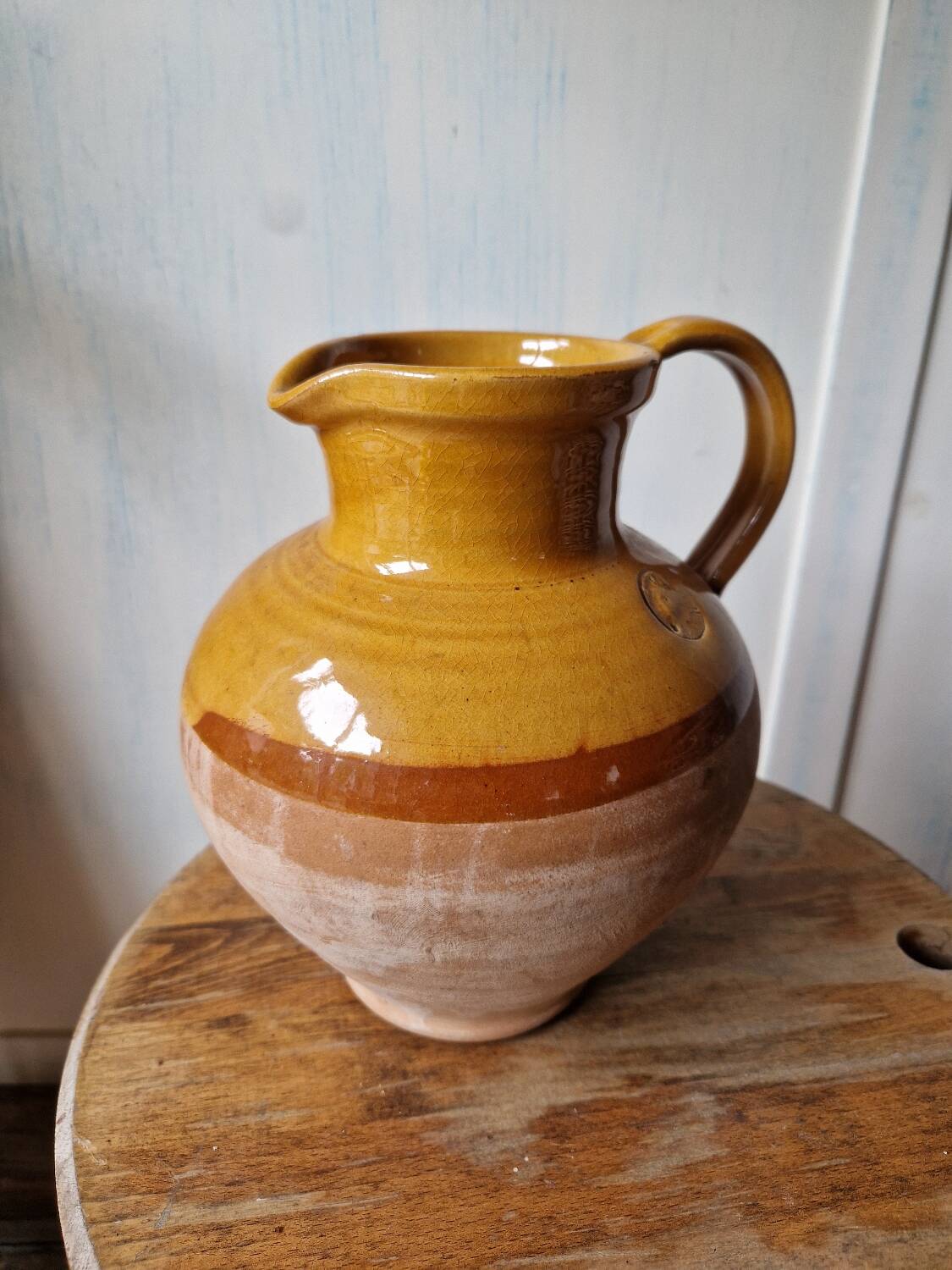 Antique glazed terracotta pitcher, brown semi-glazed jug, vase