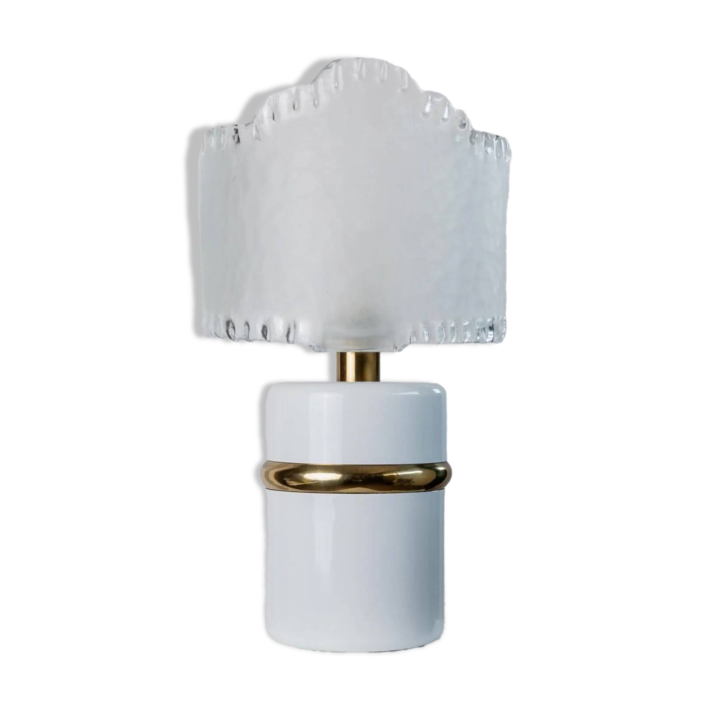 Lampe de table en verre de Murano vintage – Abat-jour blanc givré, base en métal doré, Italie années 1980