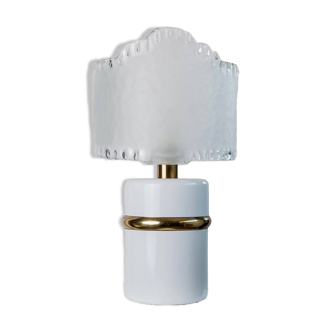 Vintage Murano Glass Table Lamp – White Frosted Shade, Gold Metal Base, Italy 1980s