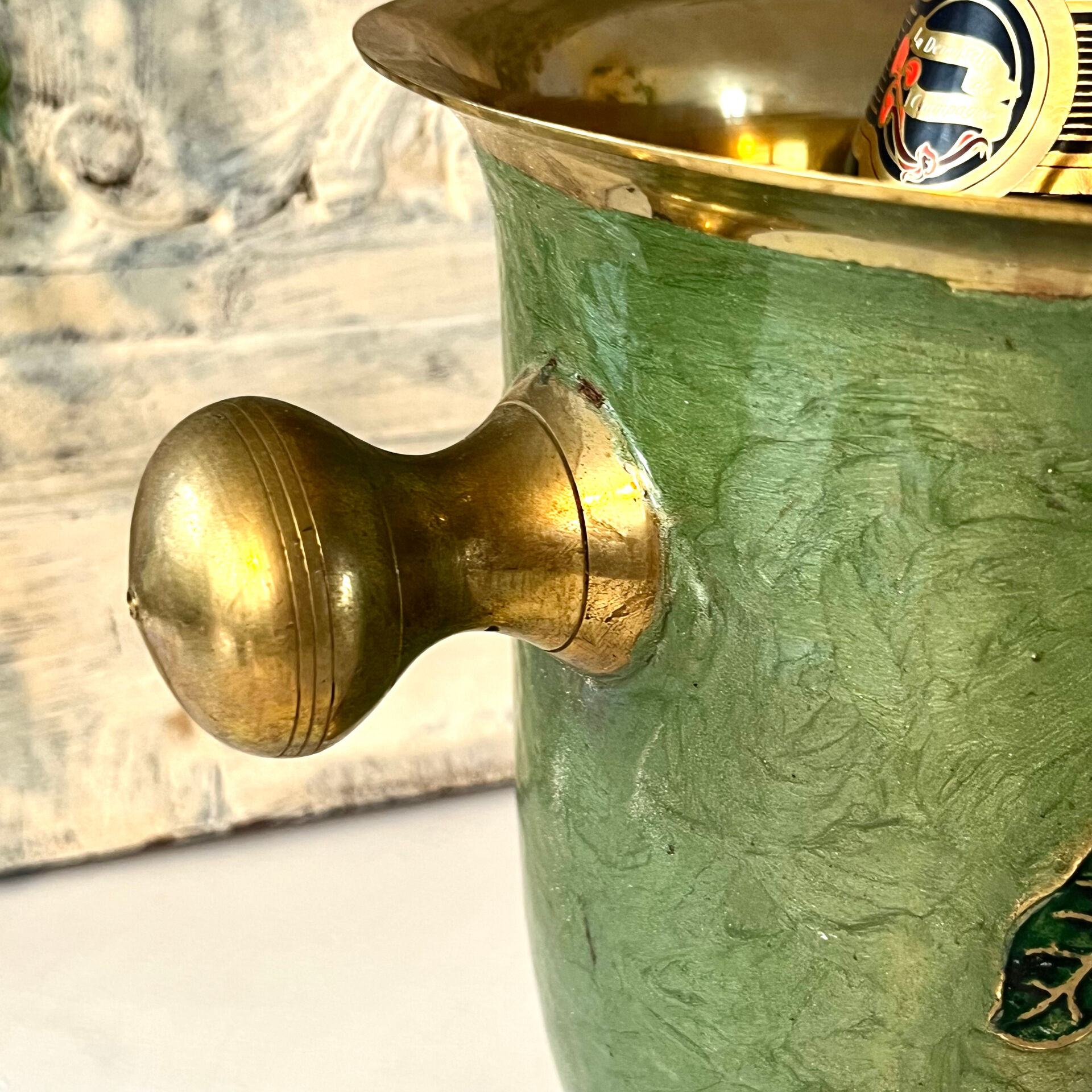 Vintage brass and green enamel cloisonné champagne cooler with sunflow