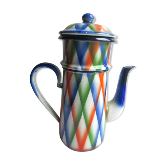 Pretty vintage coffee maker 1940, sheet enamelled with colorful diamonds