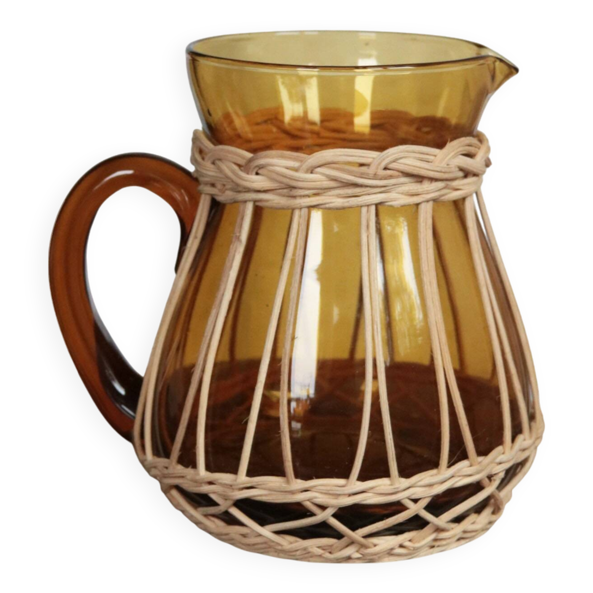 Amber glass and wicker carafe