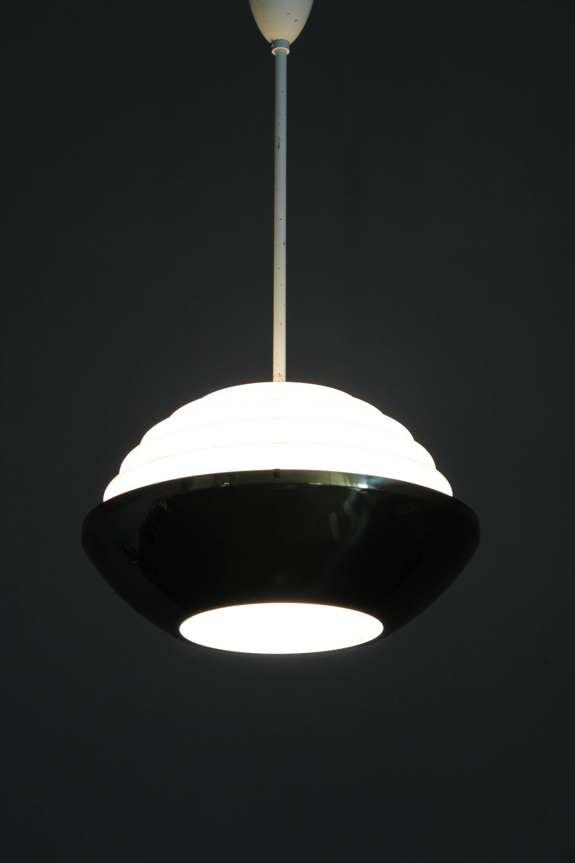 1950s Czechoslovak brass pendant with opaline glass diffuser