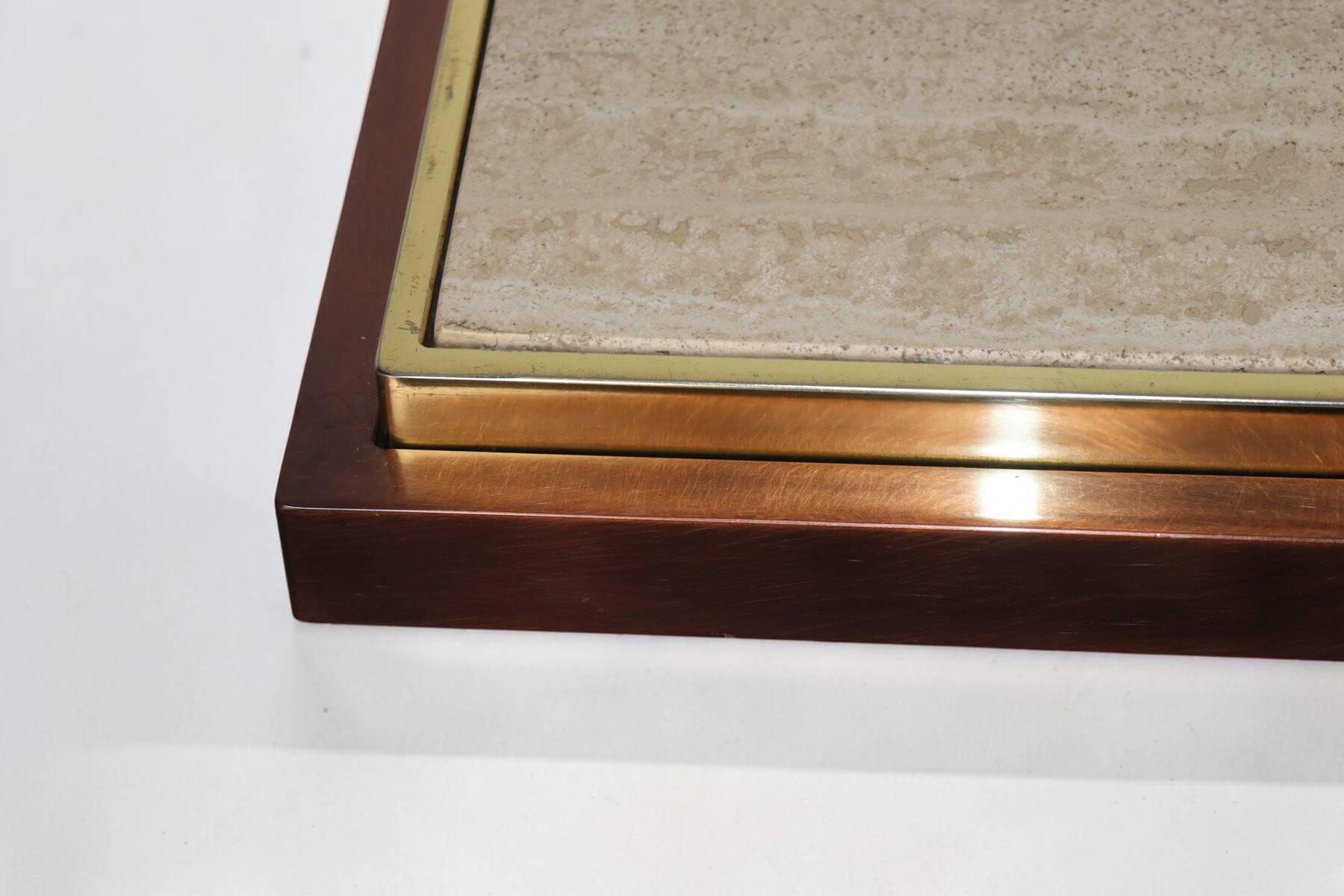 Minimalist console in travertine and patinated metal — 1970s