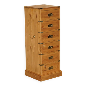 Restored vintage military high chest of drawers in English pine and brass.