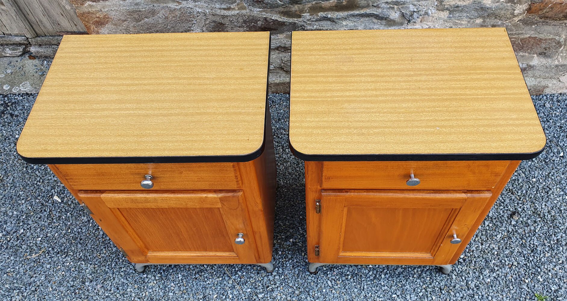 Pair of bedsides, boarding school, wood, metal, formica, vintage, 50s