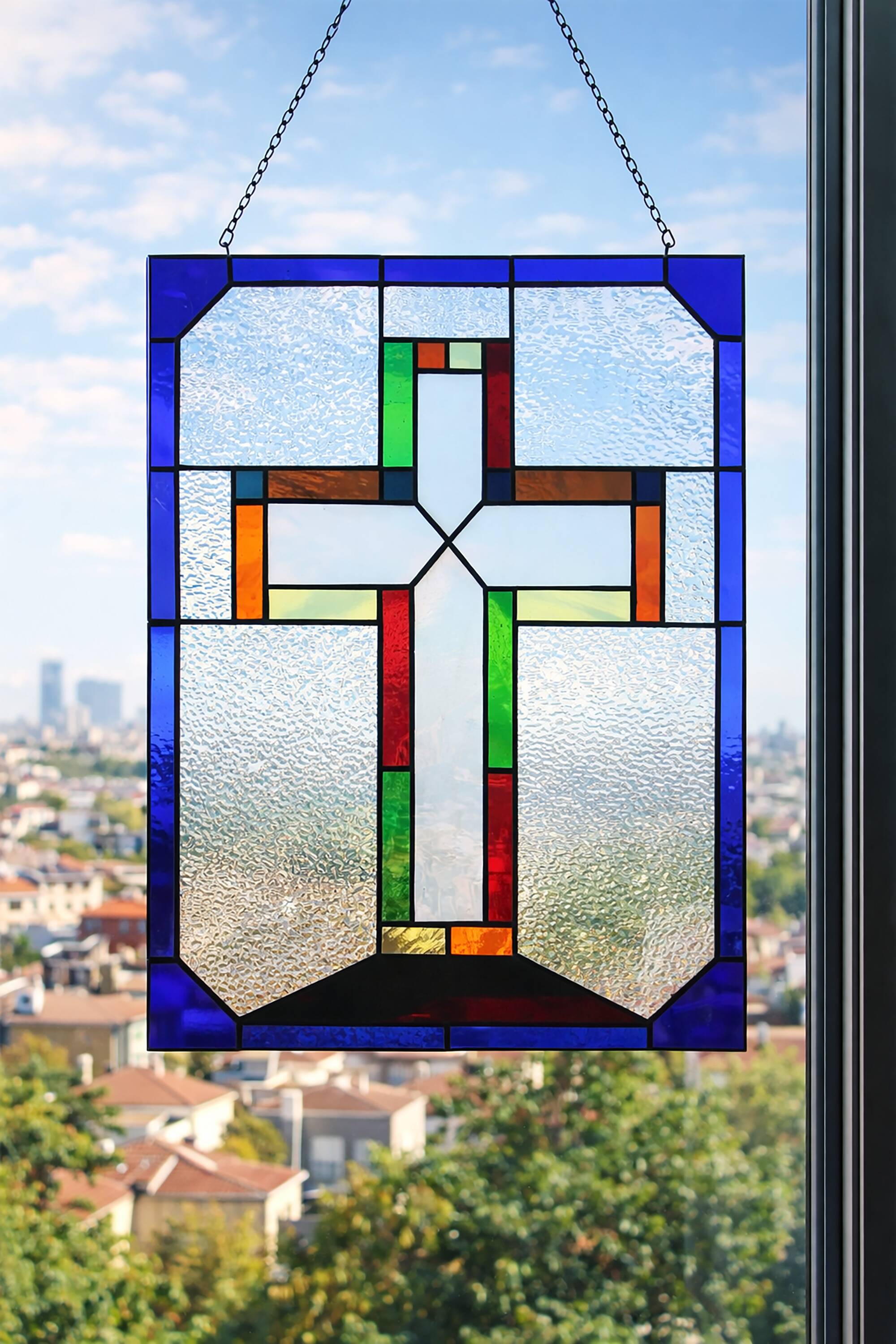 Vitrail décoratif Croix – Verre coloré fait main, 40 × 60 cm