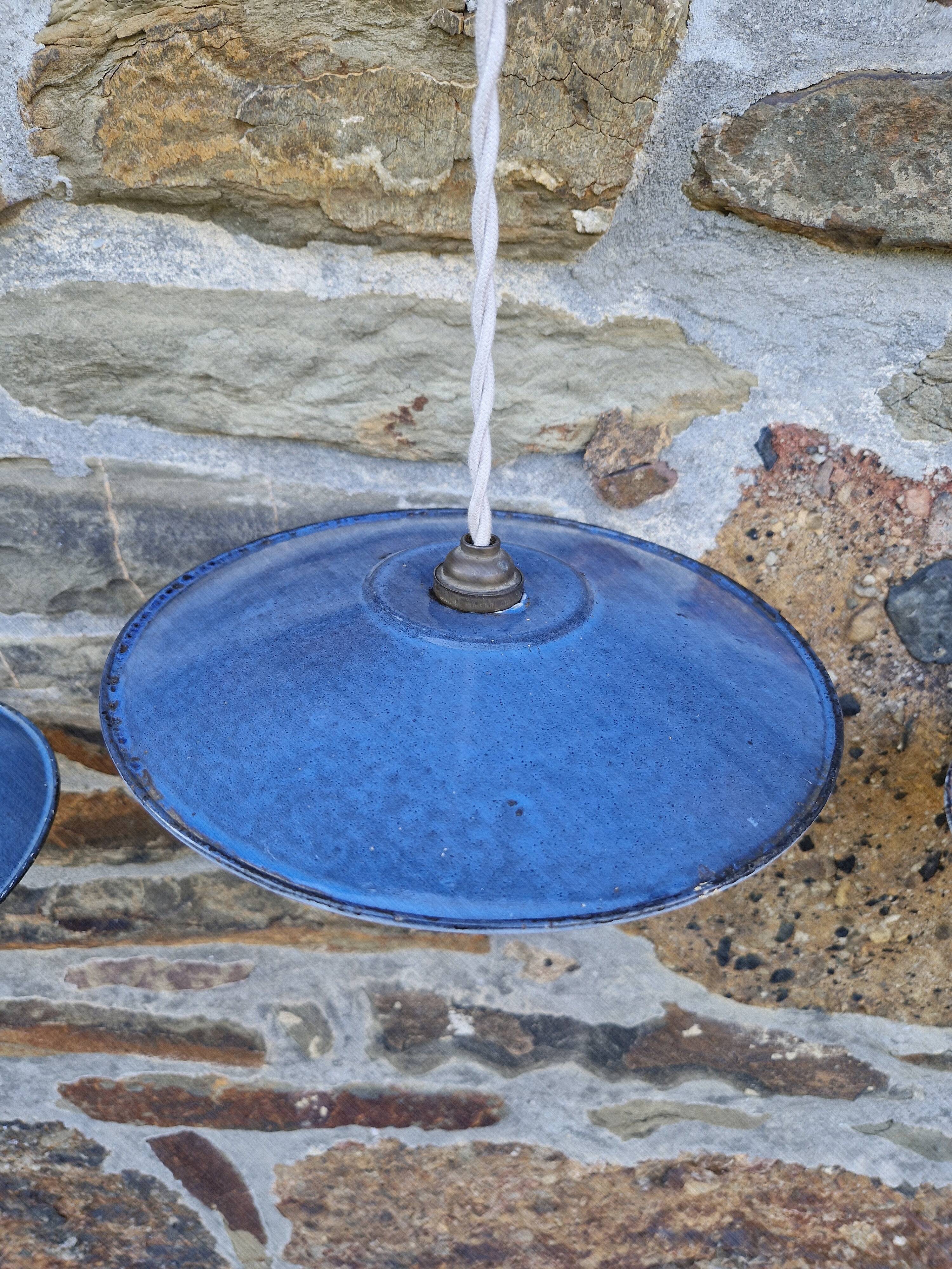 Set of 3 industrial pendant lights in blue enamelled sheet metal