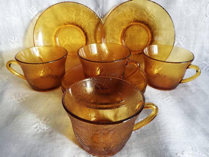 4 tasses à café vintage en verre jaune gravé fleurs