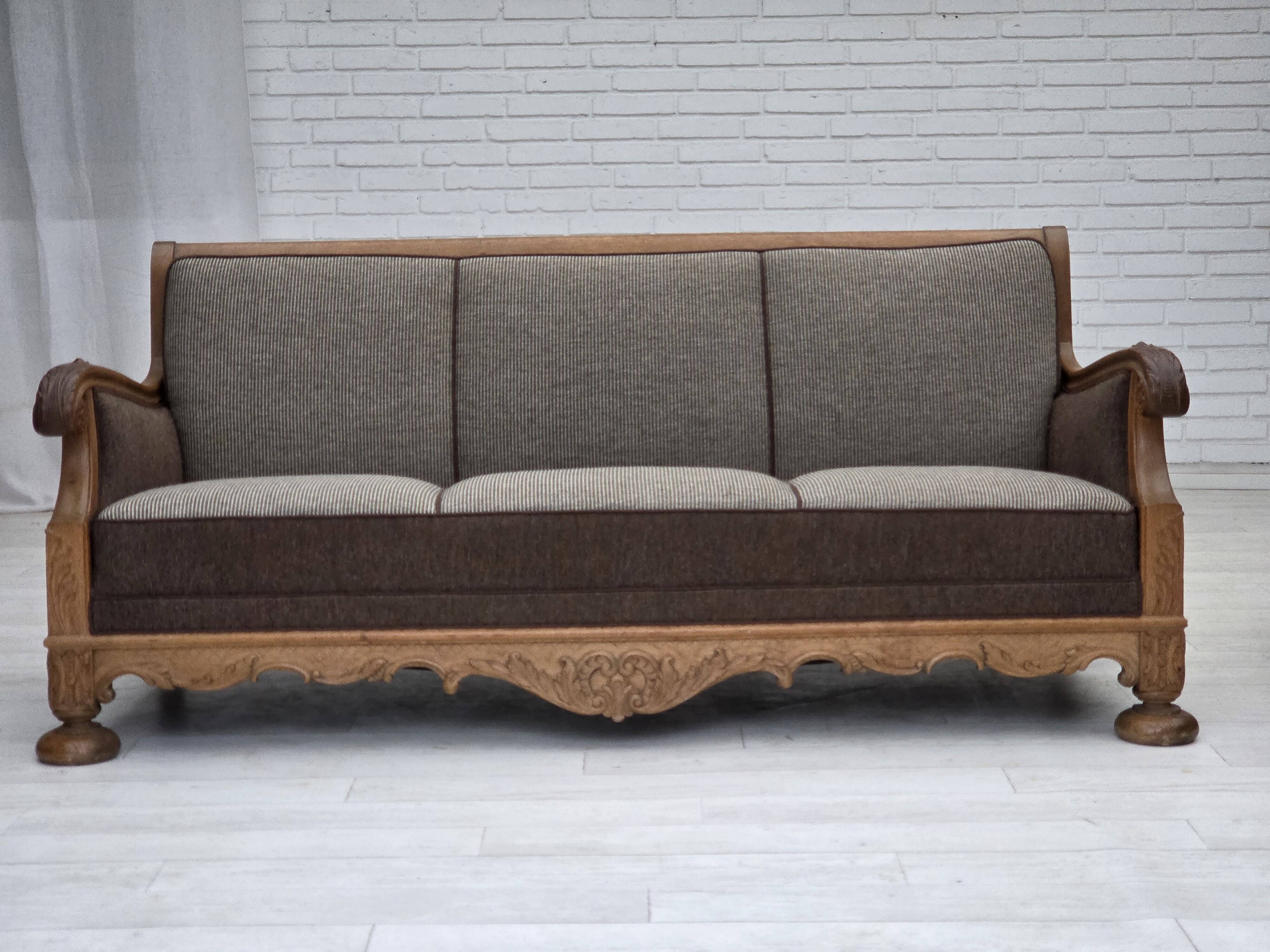 1950s, Danish 3-seater sofa, furniture wool, solid carved oak wood.