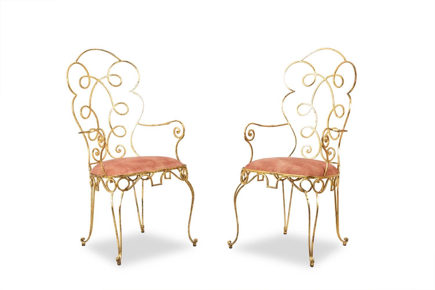 Pair of wrought iron and gilded armchairs, circa 1990