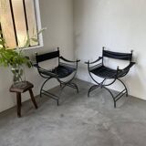 Pair of leather “curule” emperor armchairs