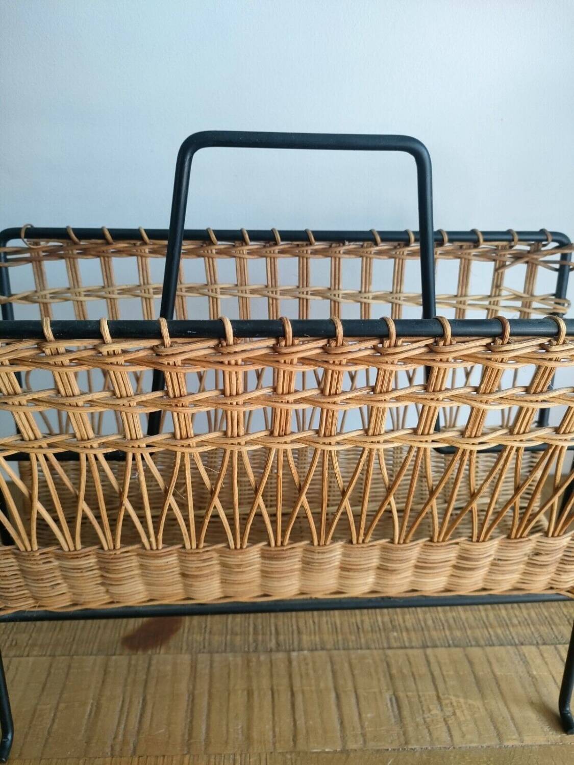 Iron and Rattan Magazine Rack - 1960s - Vintage