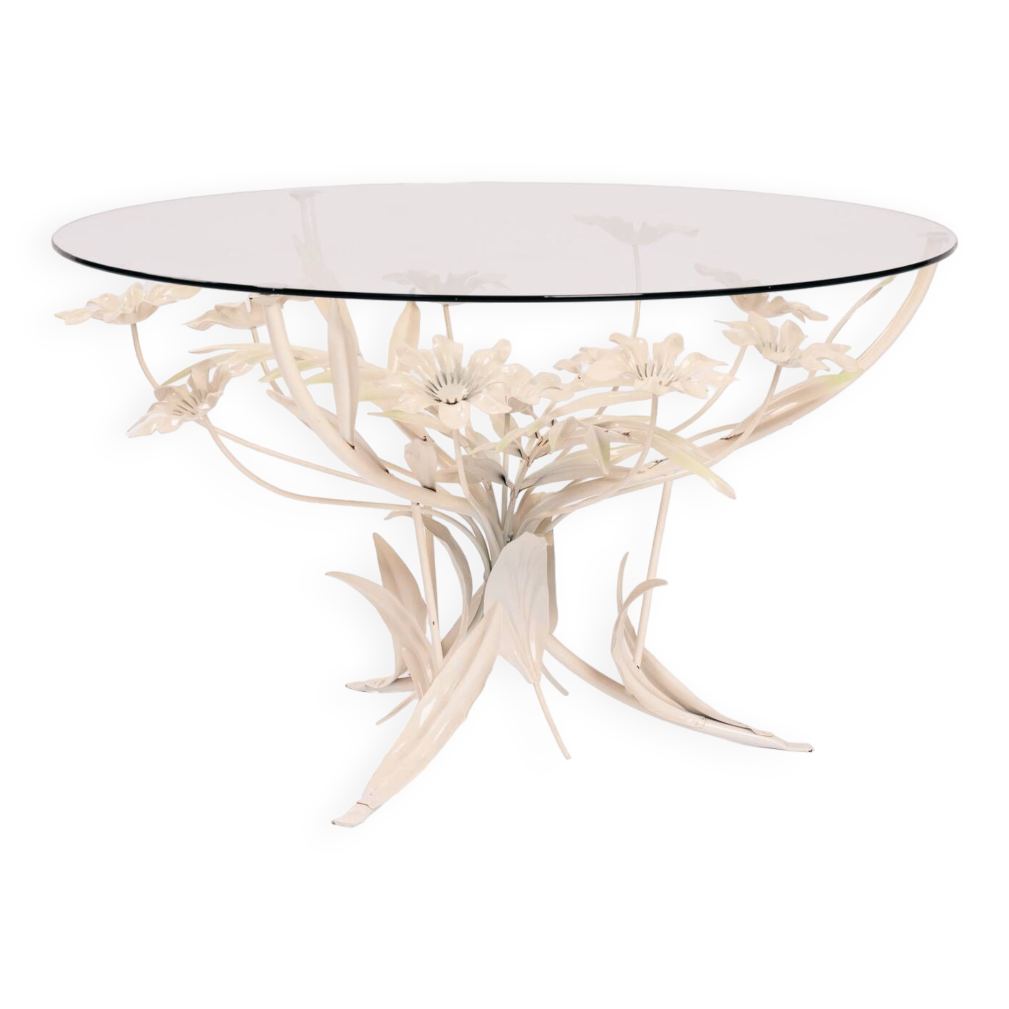 Table fleurie en métal Hans Kogl du milieu du siècle avec plateau en verre