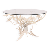 Table fleurie en métal Hans Kogl du milieu du siècle avec plateau en verre