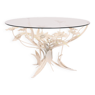 Table fleurie en métal Hans Kogl du milieu du siècle avec plateau en verre