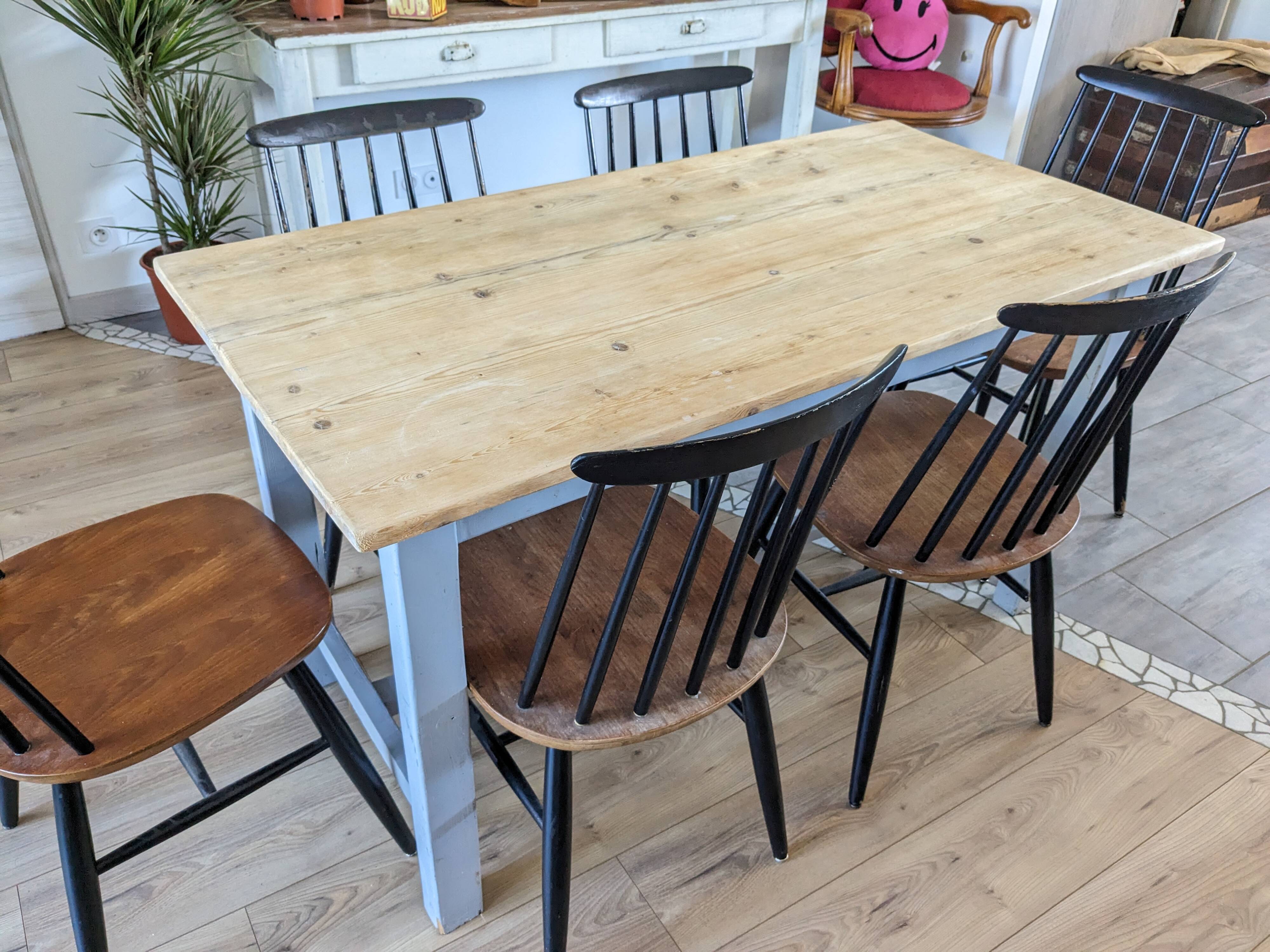 Sky blue and light wood farm table early 20th century 138 cm