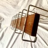 Vintage wall-mounted coat rack made of plywood and aluminum with hat rack