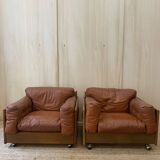 Pair of Cognac Leather Club Armchairs & Wood - Italian Design - 1970s