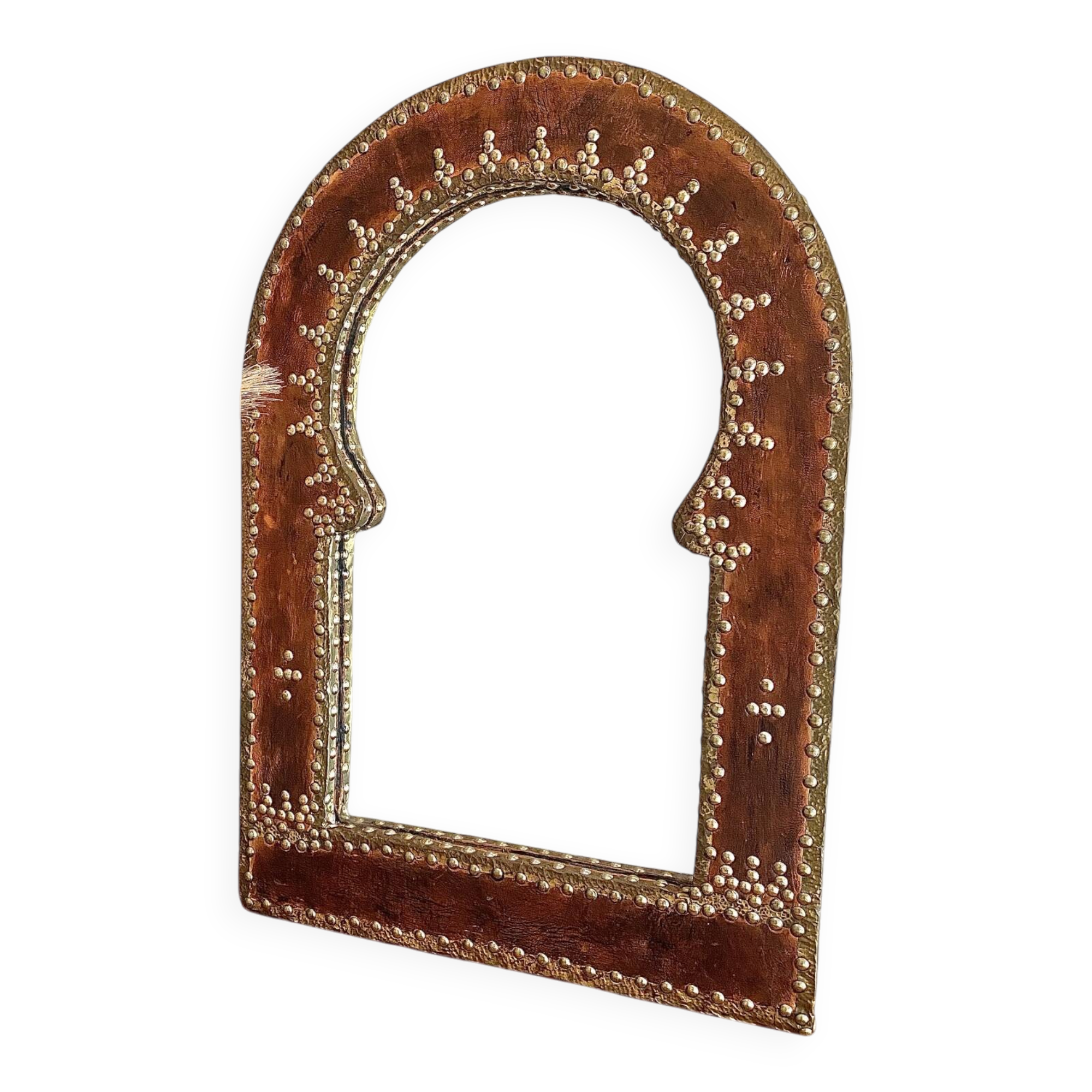 Large vintage mirror in studded leather and brass