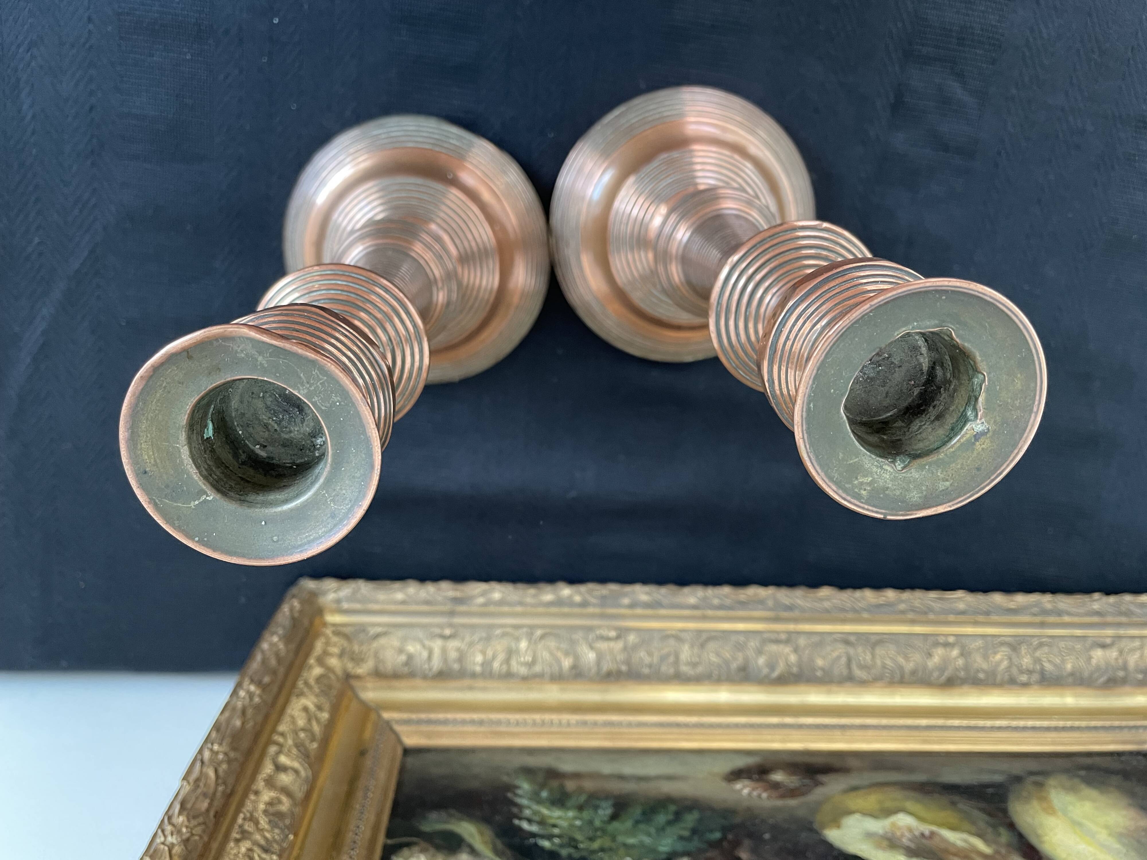 Antique, pair of candle holders, copper, brass, candle, goldsmith hallmark, old, large, massive, France