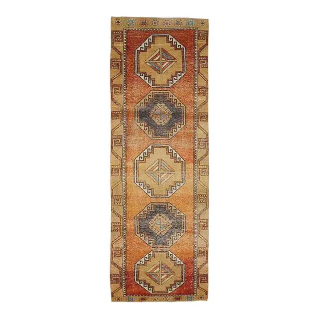 1970s vintage Turkish Oushak handmade wool cotton orange runner rug 103x330