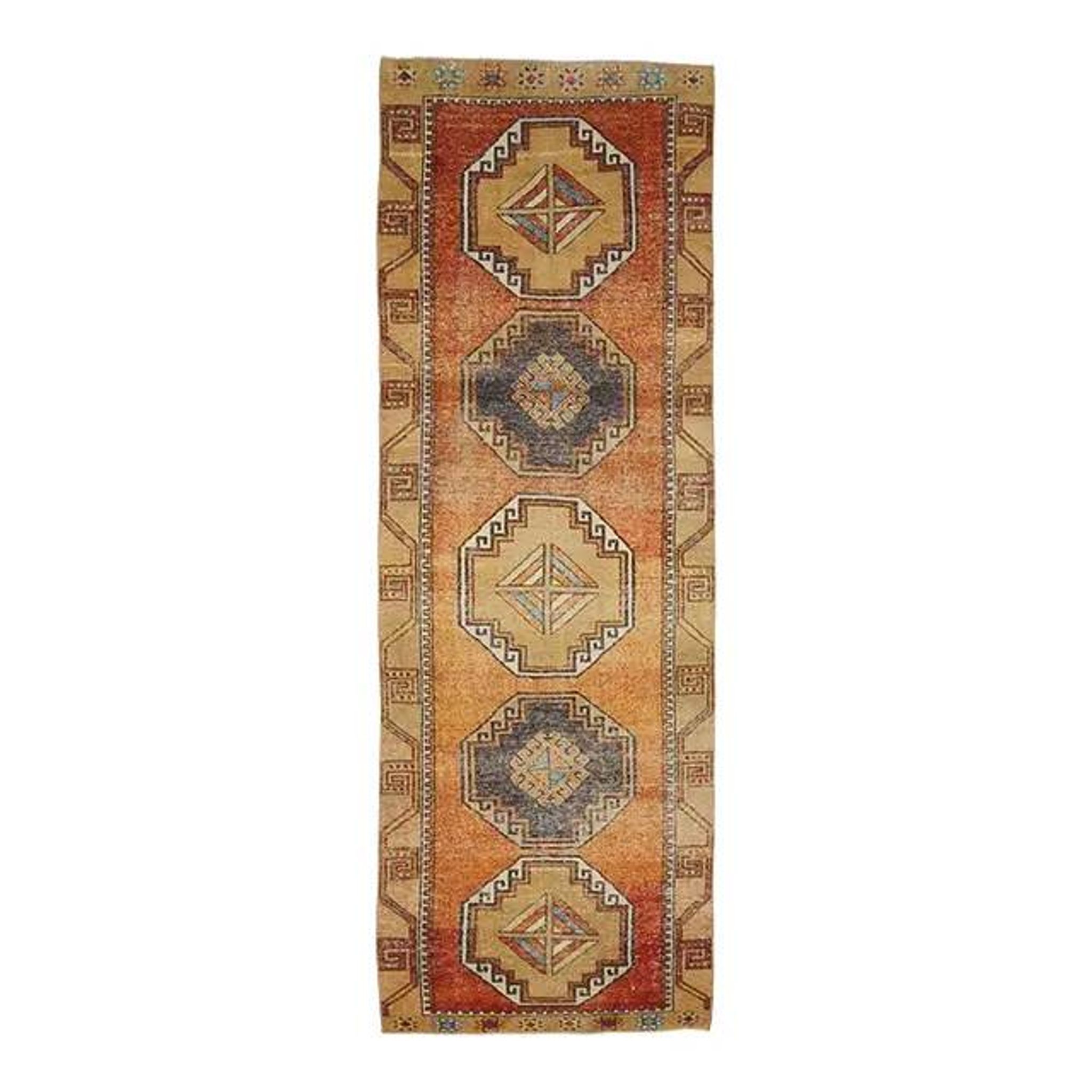 1970s vintage Turkish Oushak handmade wool cotton orange runner rug 103x330