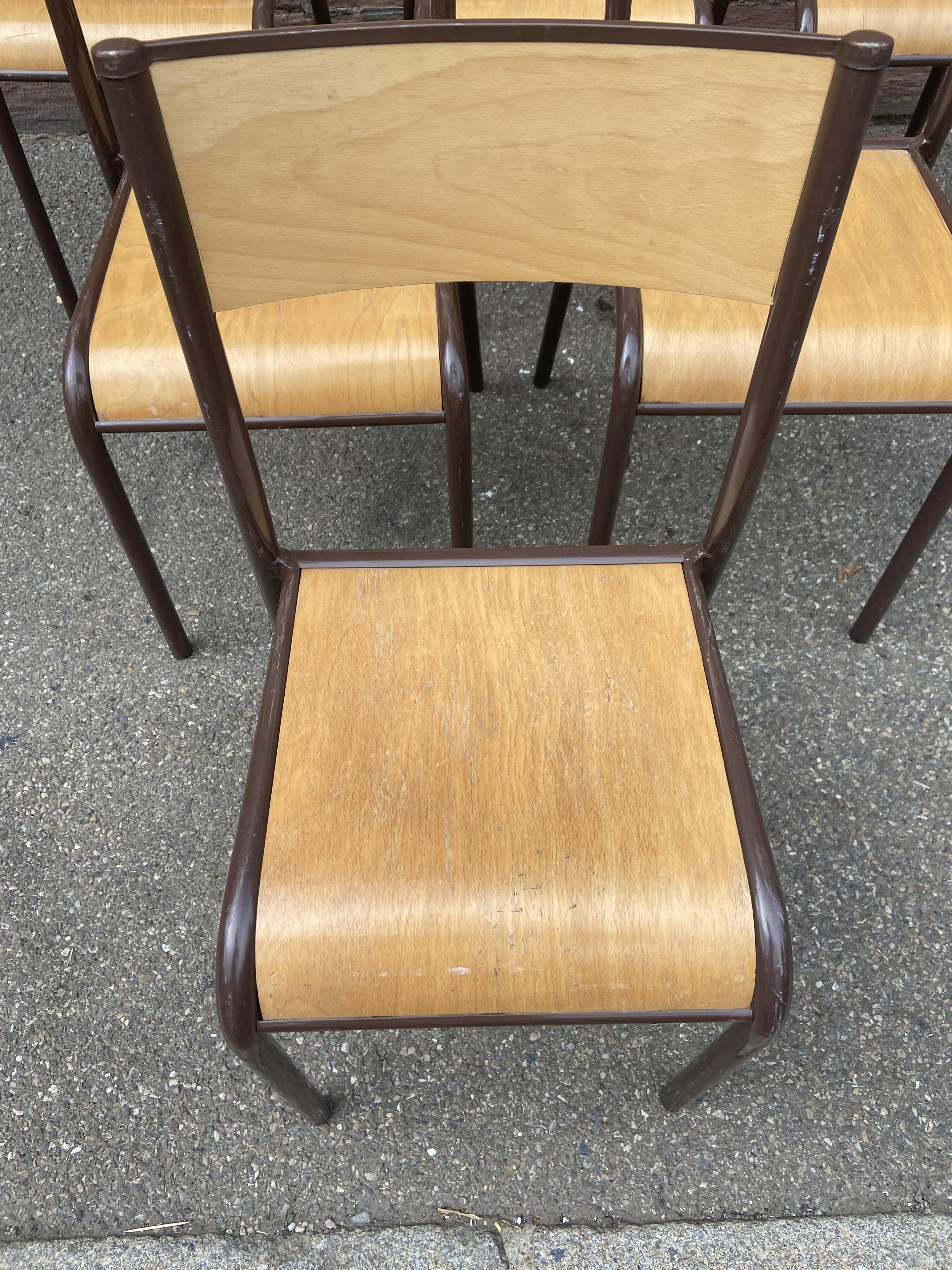 Set of 6 vintage industrial school chairs for communities mullca delagrave tube & wood