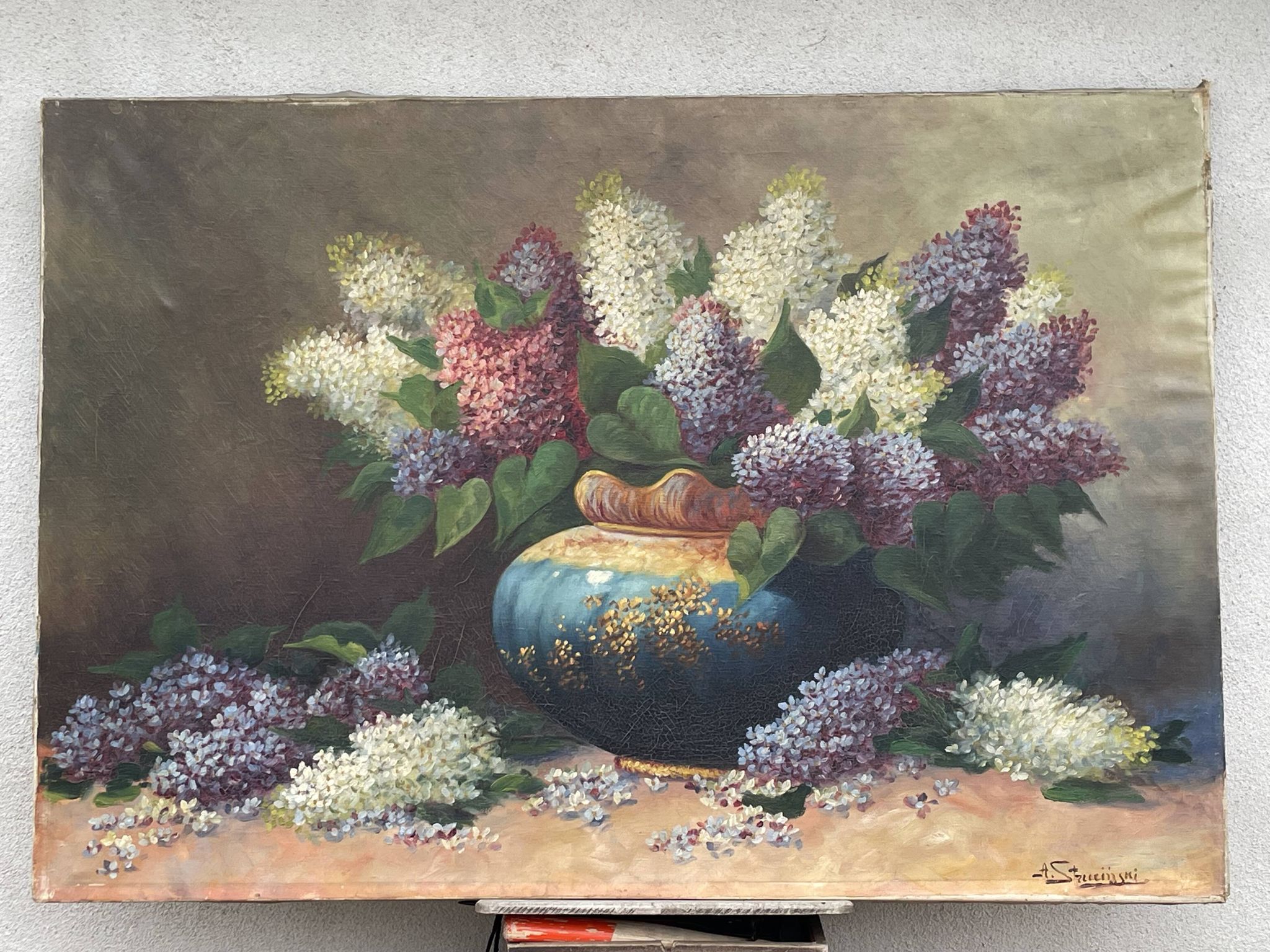 Large oil on canvas bouquet of lilacs signed by a. struciński poland, mid-20th century
