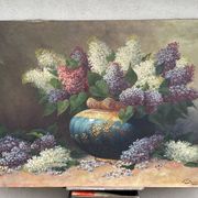 Large oil on canvas bouquet of lilacs signed by a. struciński poland, mid-20th century