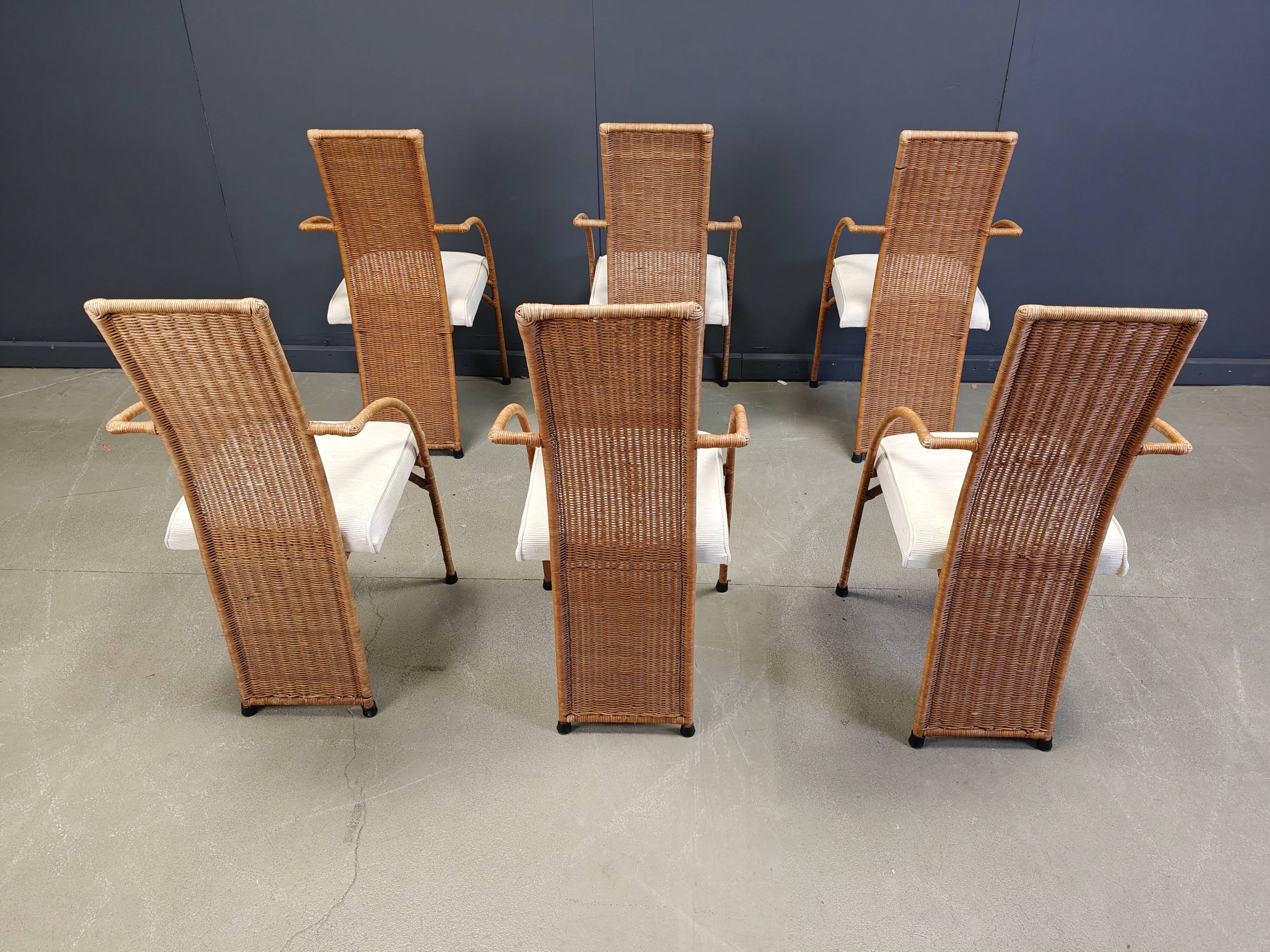 Vintage high back wicker dining chairs, 1980s - set of 6