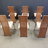 Vintage high back wicker dining chairs, 1980s - set of 6