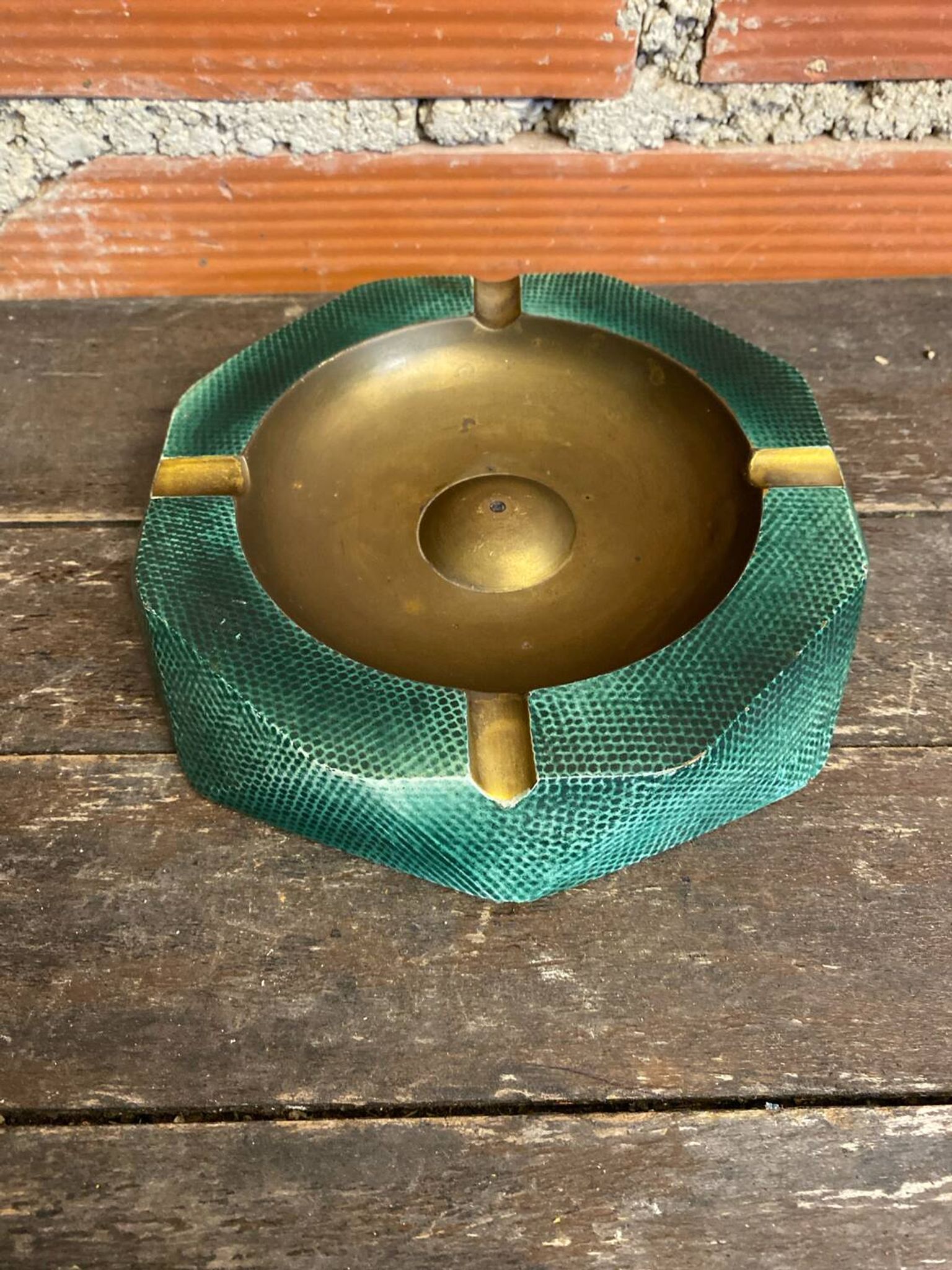 Vintage Green Metal Octagonal Ashtray + Brass