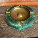 Vintage Green Metal Octagonal Ashtray + Brass