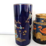 Two small vases, one with dragons and one scroll with peacock