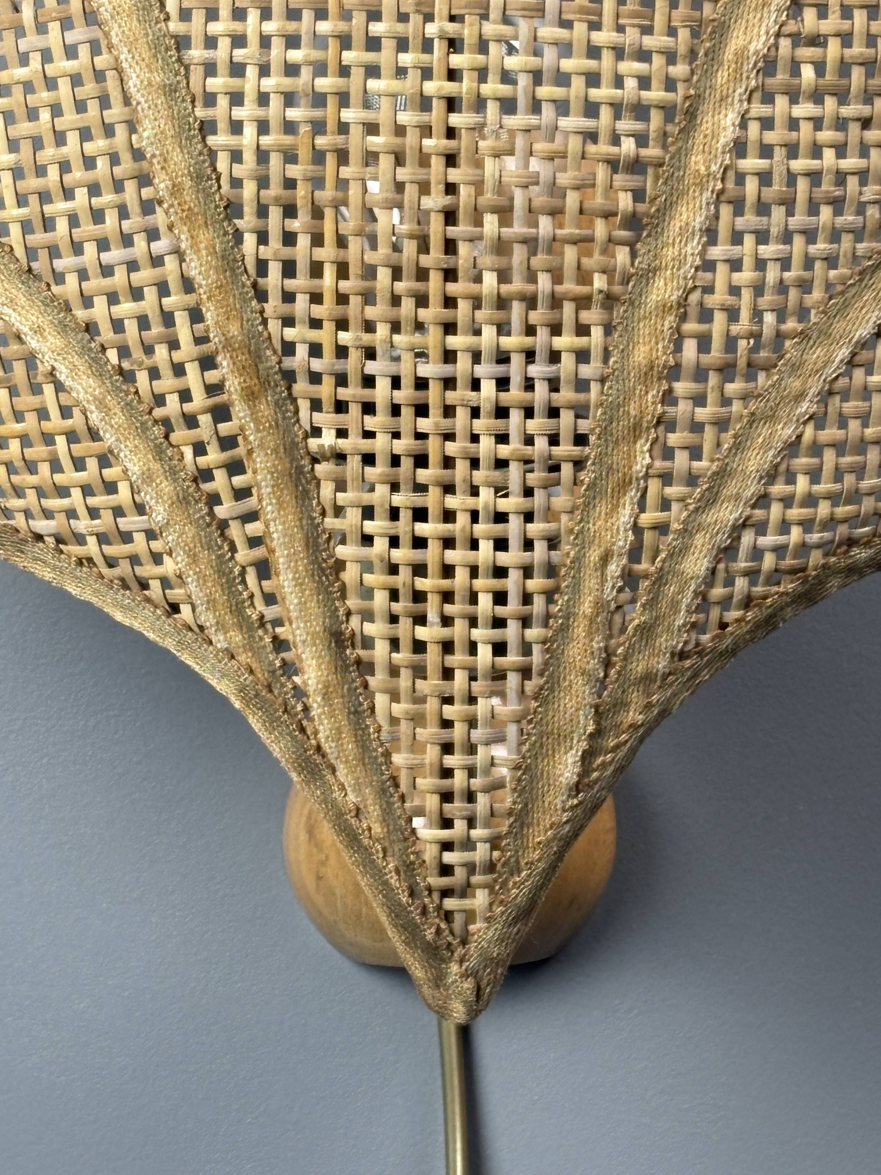 Pair midcentury Italian rattan wicker pine brass scallop wall sconces 1970s