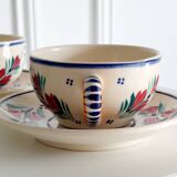 Lot de 2 tasses + soucoupes HB Quimper décor floral F436 – Peintes main
